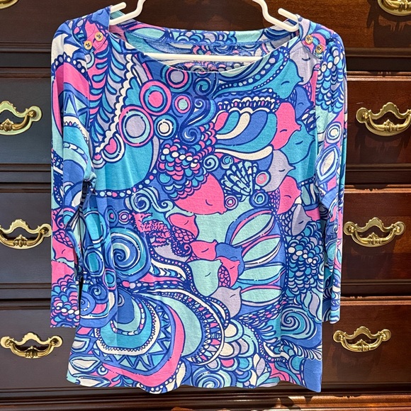 Lilly Pulitzer Blue and Pink Abstract Long Sleeve Top - Picture 1 of 6